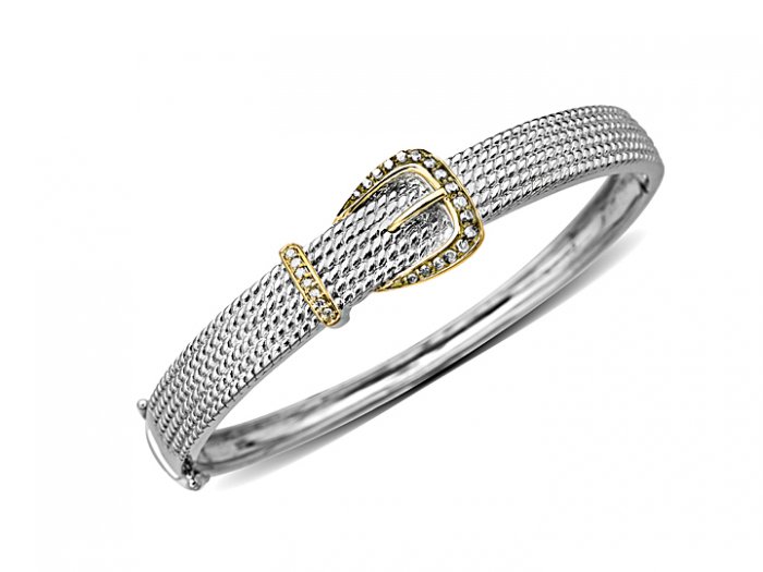 14K Gold and Sterling Silver Diamond Buckle Bangle