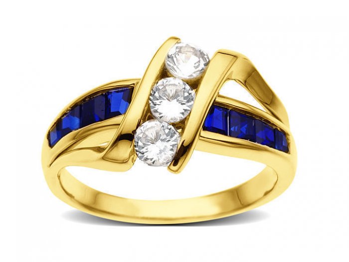 Three-Stone Blue and White Sapphire Ring in 14K Gold